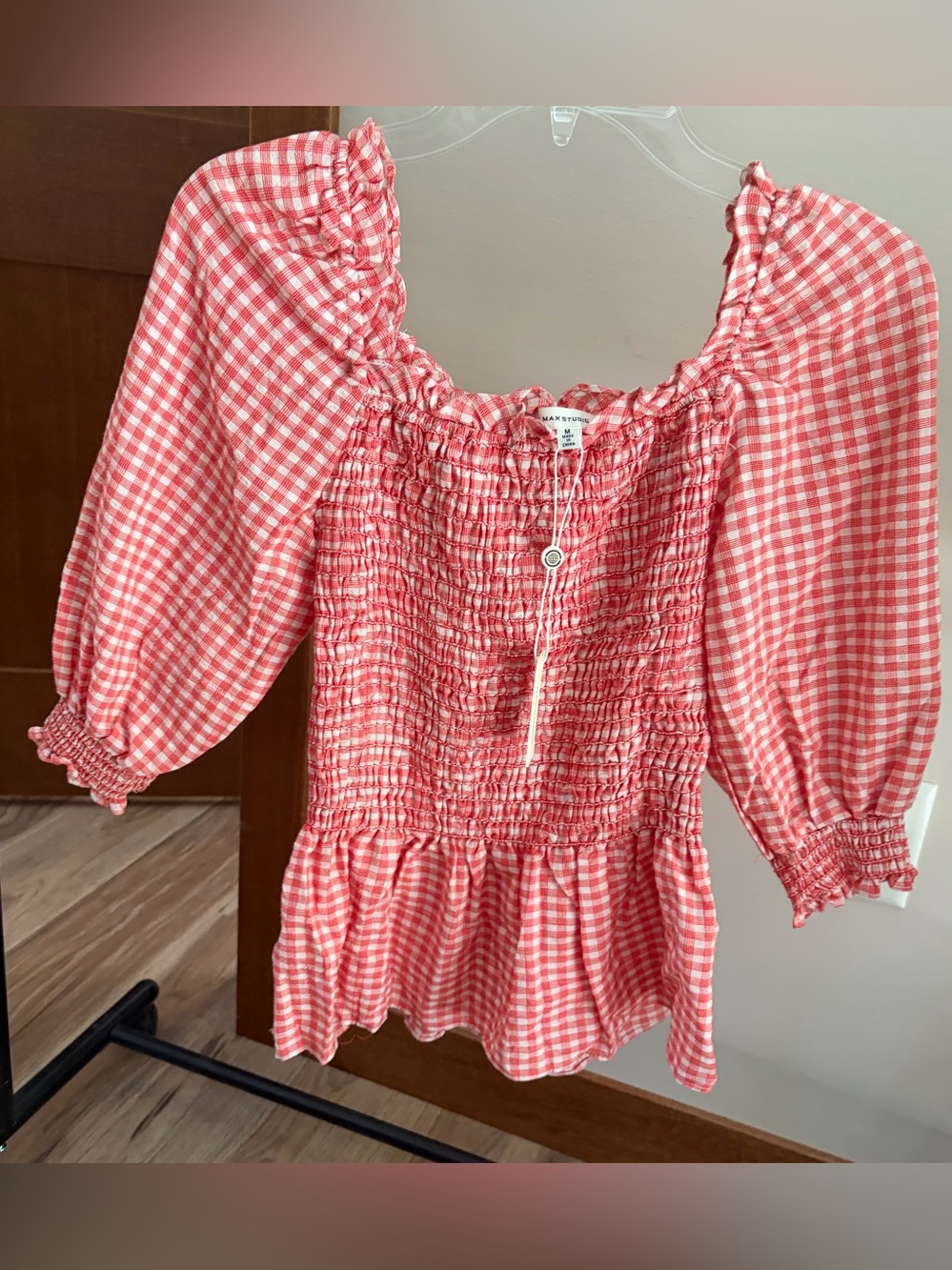 Max Studio Red Gingham Smocked Peplum Top